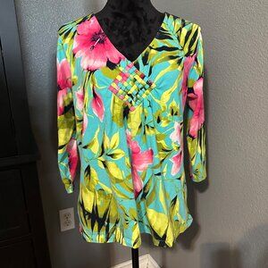 Caribbean Joe Top Womens XL Floral Tunic V-Neck 3/4 Sleeve Boho Beachcore